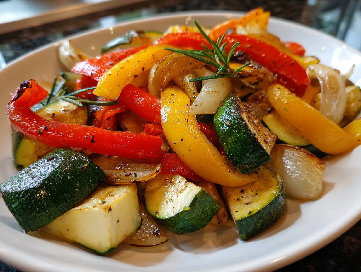 Primer plano de un plato blanco lleno de deliciosas verduras asadas, incluyendo pimientos rojos y amarillos, calabacín y cebolla, con ramitas de romero.