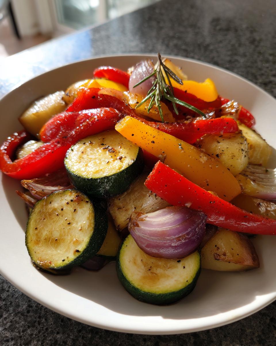 Primer plano de un plato de deliciosas verduras asadas, incluyendo calabacín, pimientos rojos y amarillos, cebolla roja y patatas, con una ramita de romero.