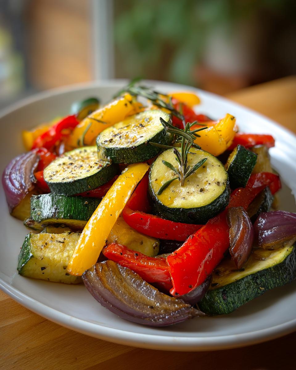 Primer plano de un plato blanco lleno de verduras asadas, incluyendo calabacín, pimientos rojos y amarillos, y cebolla morada, con ramitas de romero.