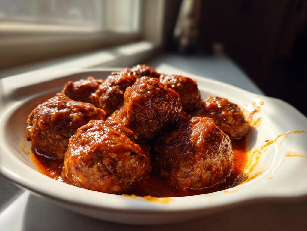Albóndigas caseras en salsa roja servidas en un plato blanco bajo luz natural