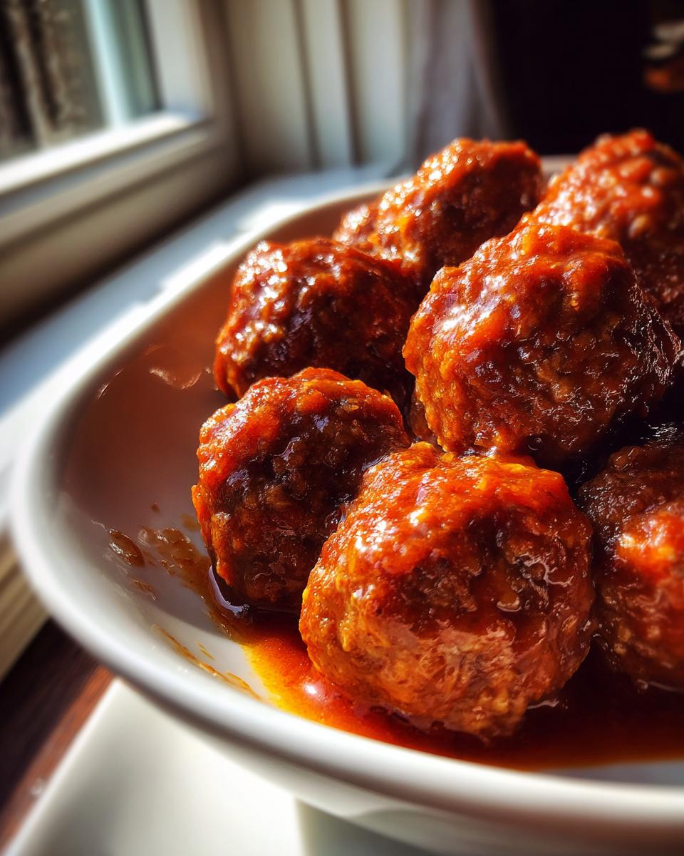 Albóndigas caseras en salsa roja servidas en un plato blanco cerca de una ventana