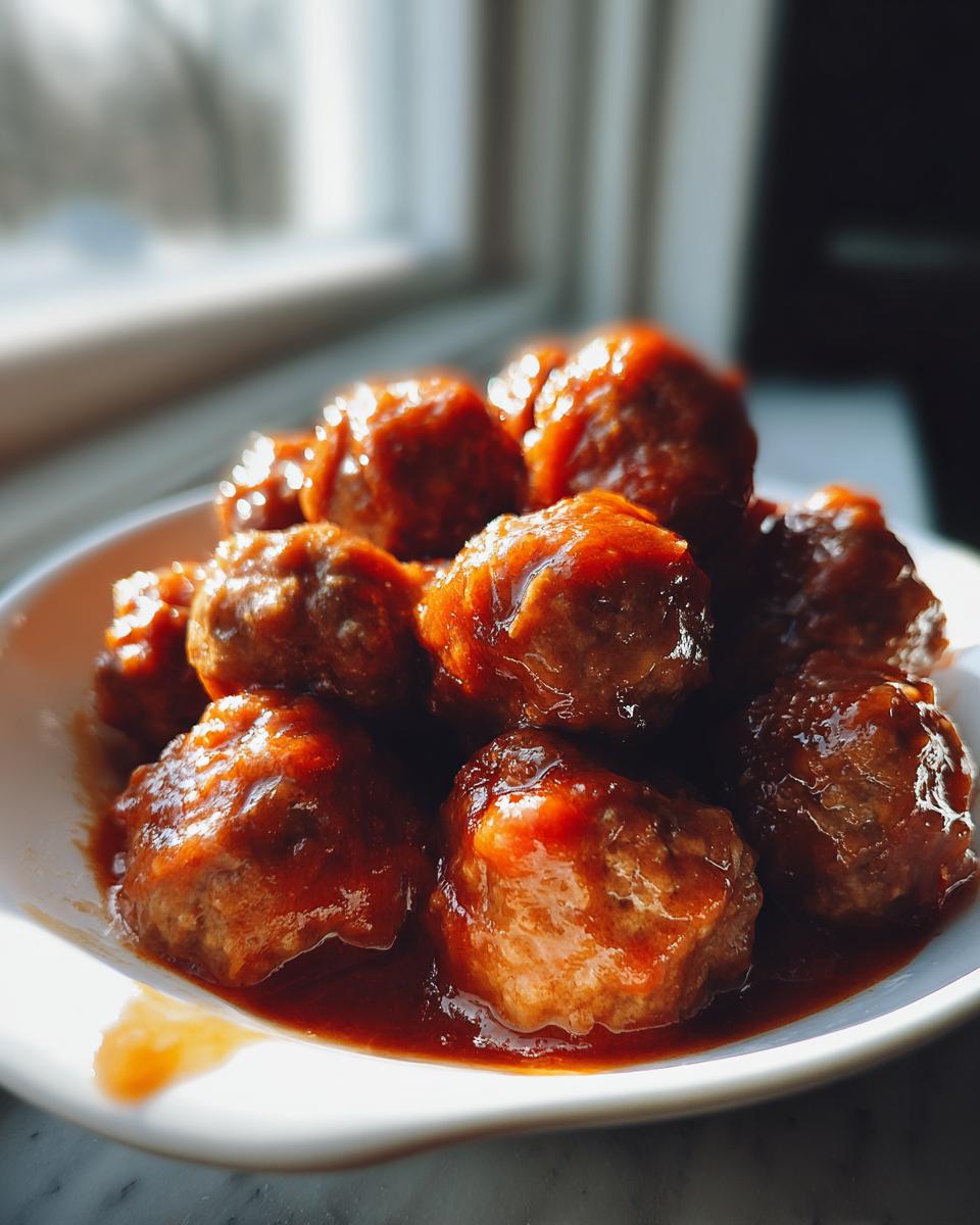 Albóndigas caseras en salsa roja brillante en un plato blanco cerca de la ventana.