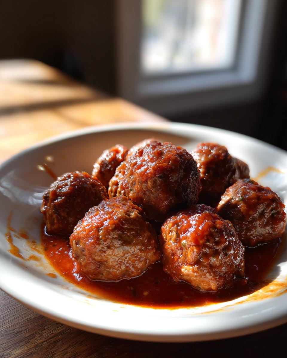 Albóndigas caseras en salsa roja servidas en un plato blanco sobre mesa de madera.