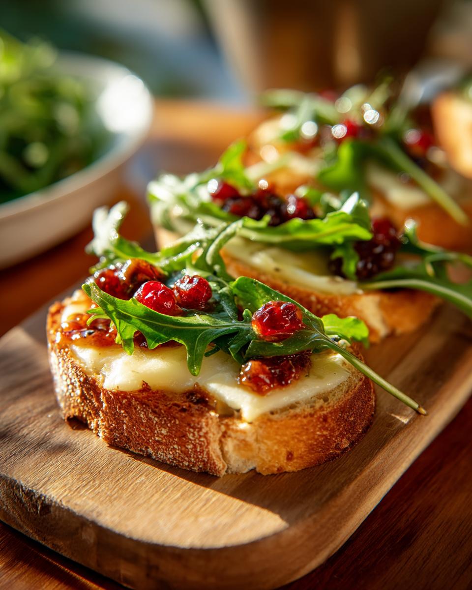 Aperitivo romántico con pan tostado, queso fundido, rúcula y arándanos sobre tabla de madera