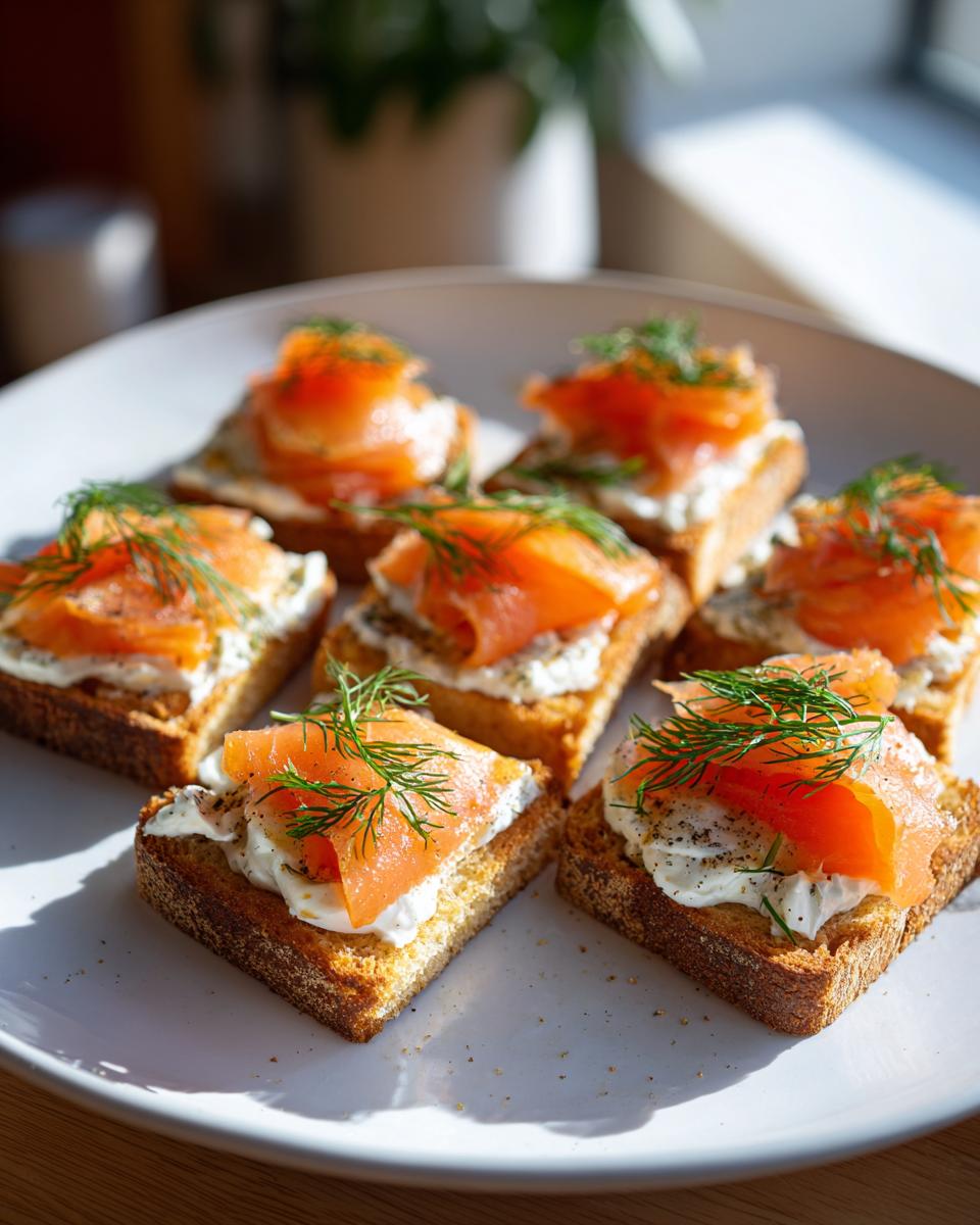 Tostas con queso crema, salmón ahumado y eneldo preparadas como aperitivos de navidad fáciles.