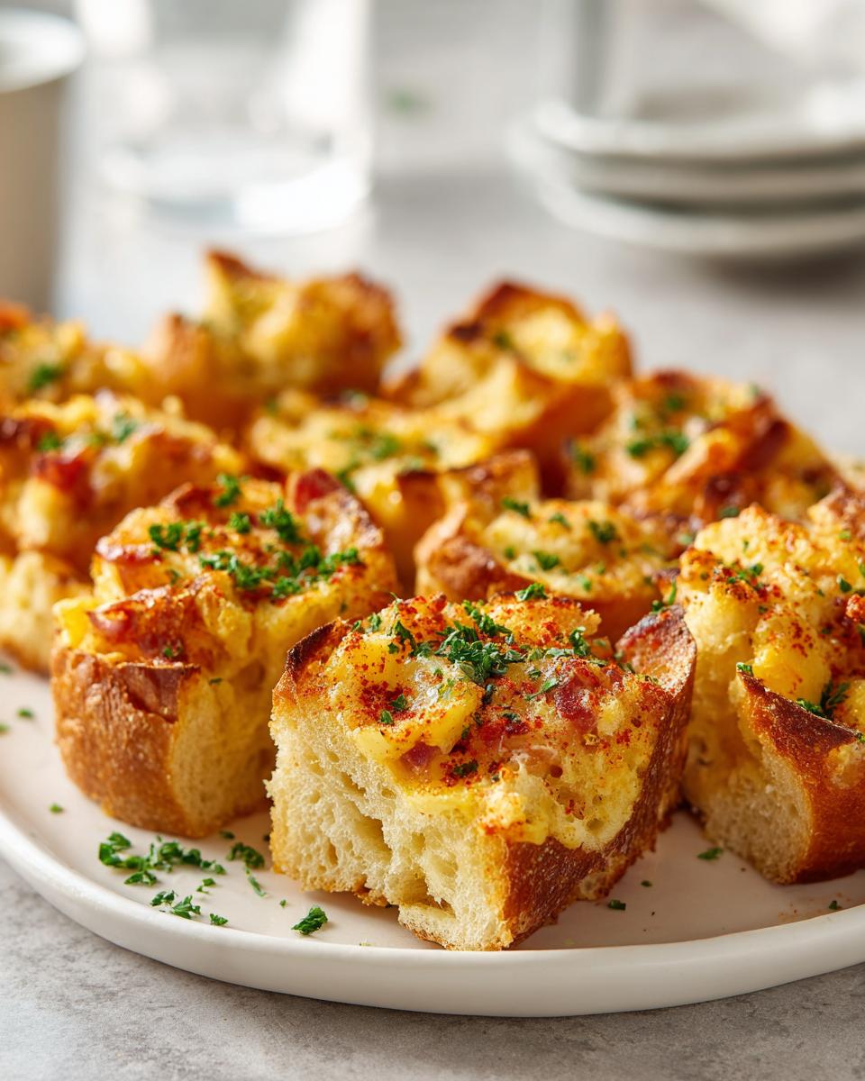 Bocados de pan con queso gratinado, especias y perejil en plato blanco.