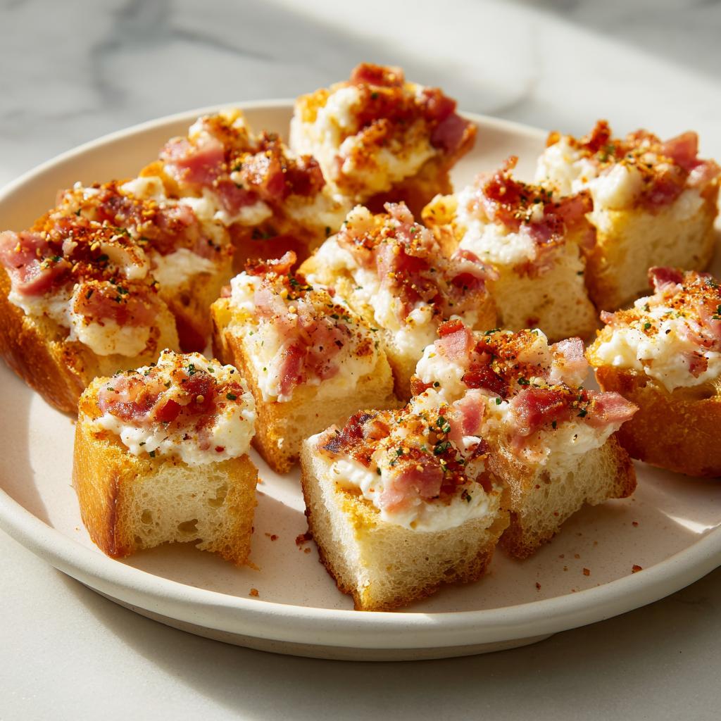 Porción de aperitivos fáciles para compartir con pan, queso cremoso y trozos de jamón en plato blanco