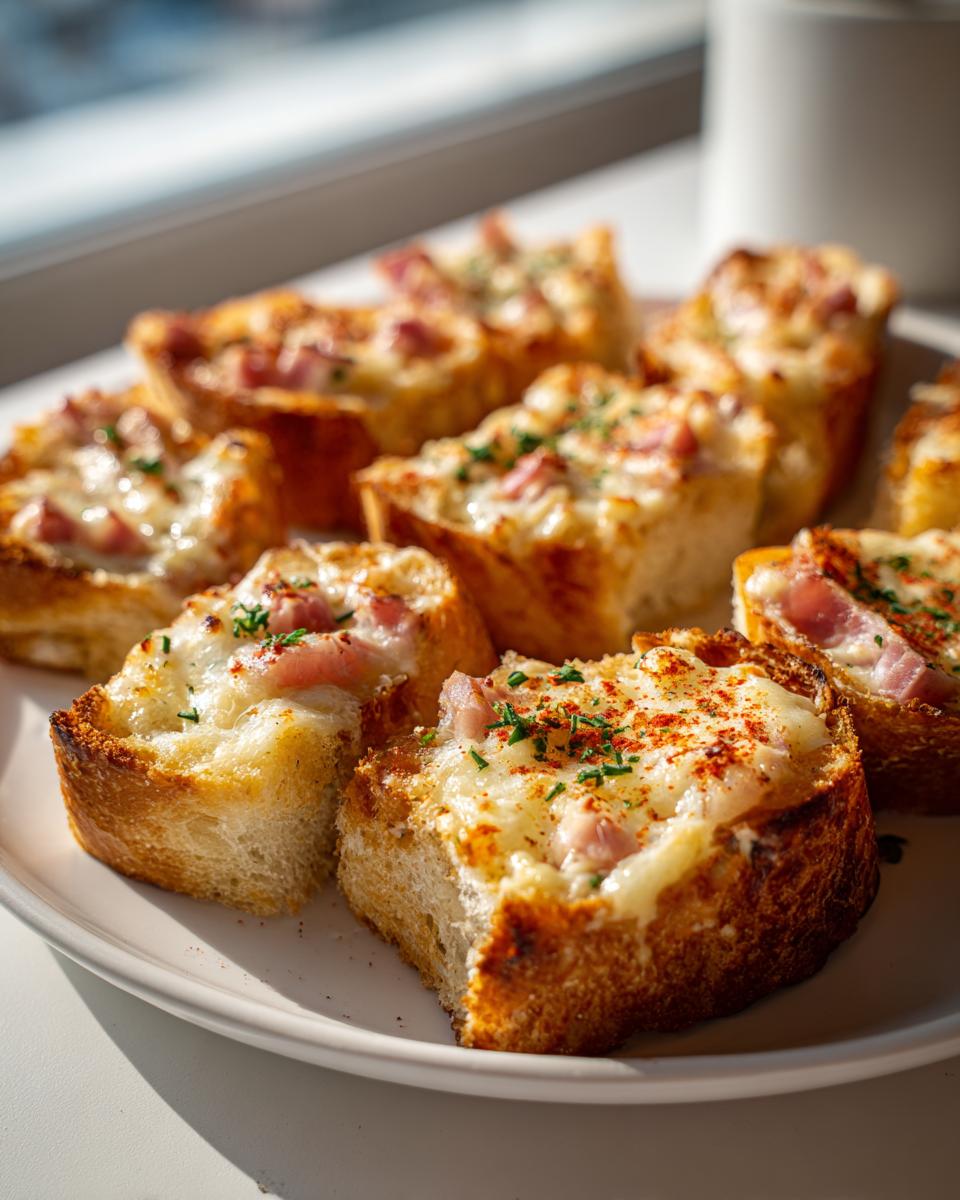 Porciones de pan tostado con queso gratinado, jamón y hierbas frescas en un plato blanco.