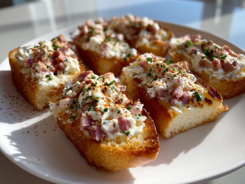 Tostadas con mezcla de queso crema, jamón y especias, aperitivos fáciles para compartir