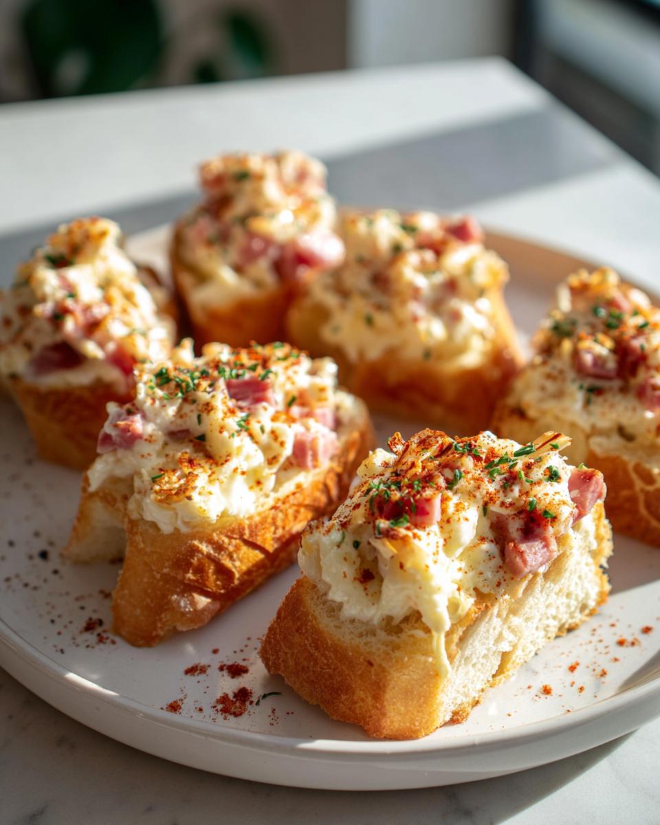 Tostas con mezcla cremosa y trozos de jamón, aperitivos fáciles para compartir en plato blanco