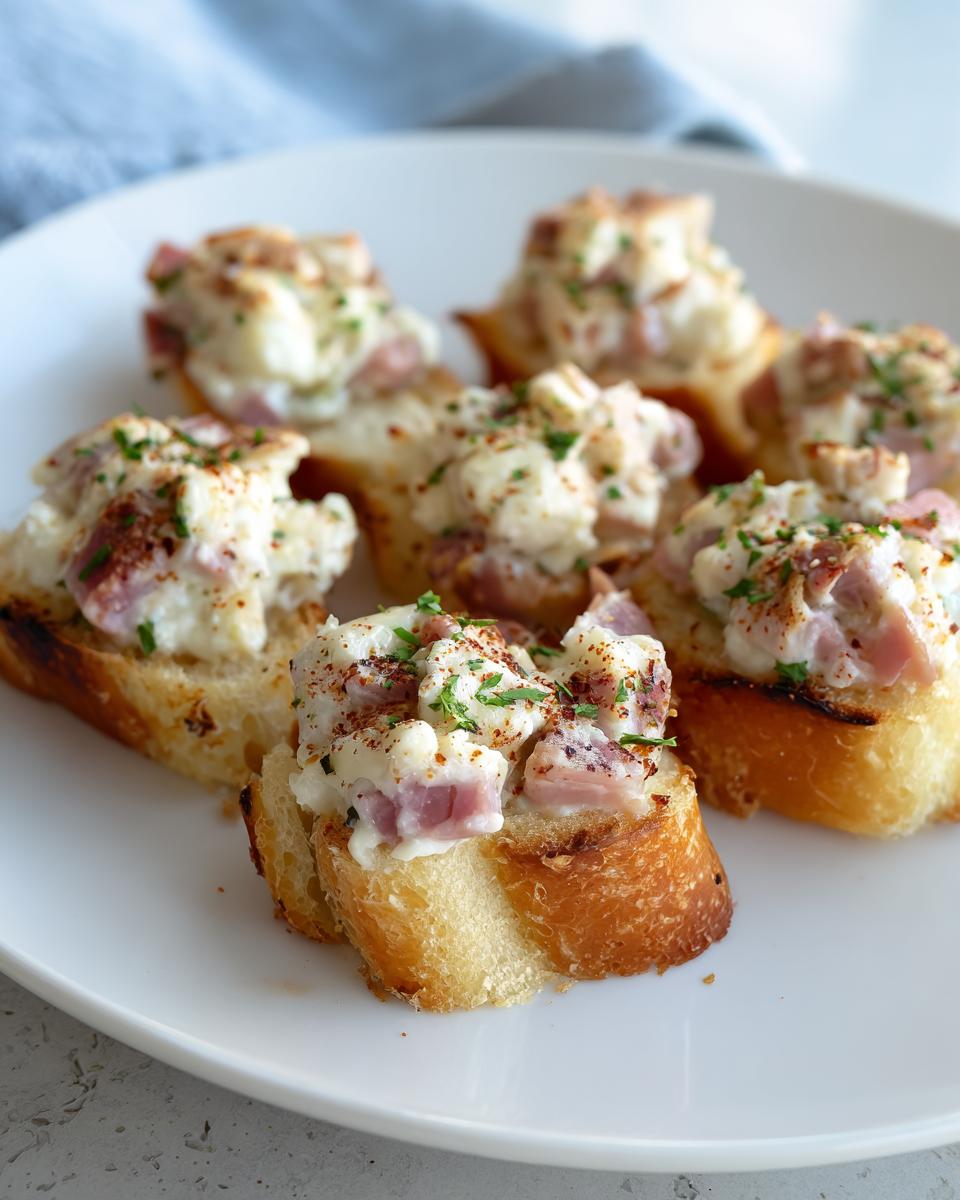 Tostas con aperitivos fáciles para compartir de pan tostado con queso y jamón