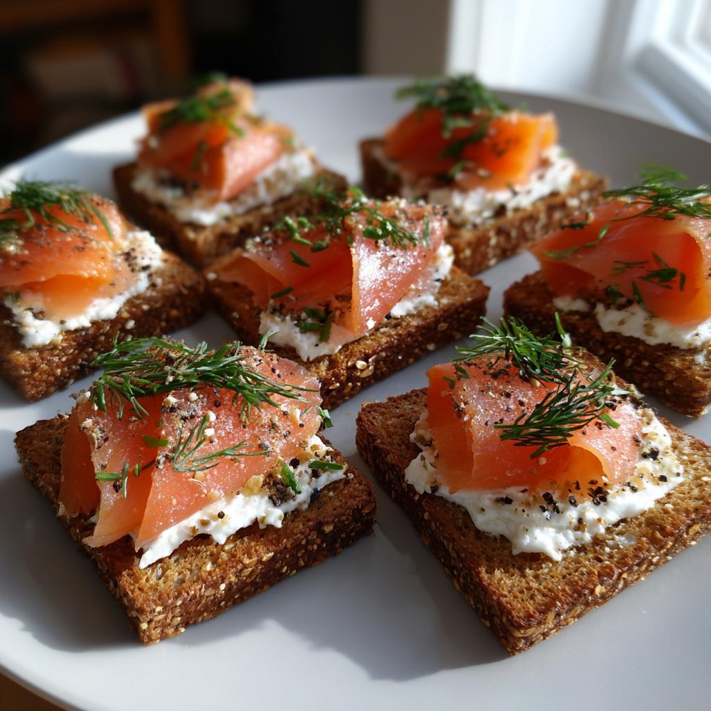 Tostas con aperitivos de navidad fáciles: pan integral, queso crema, salmón y eneldo