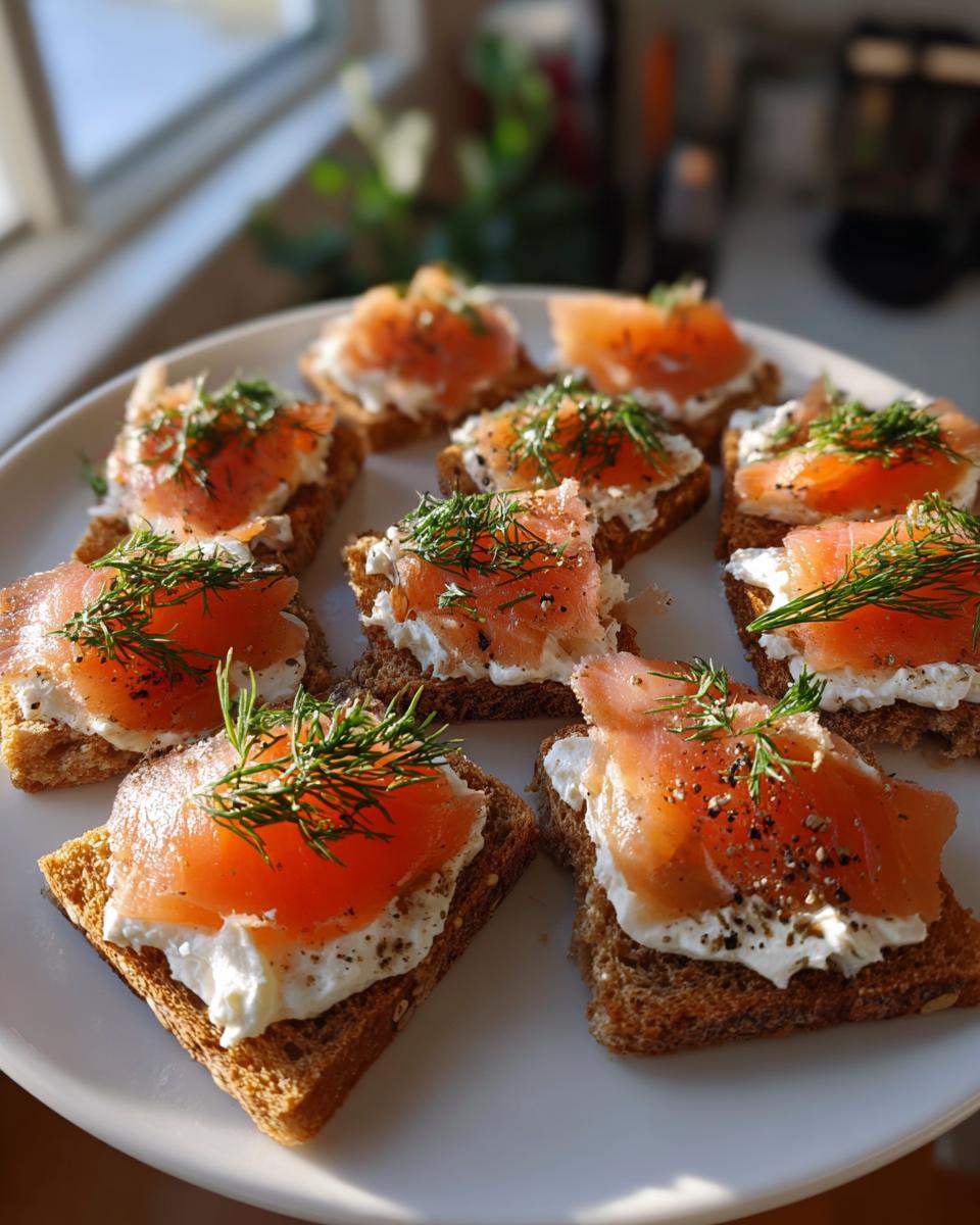 Rebanadas de pan integral con queso crema, salmón ahumado y eneldo como aperitivos de navidad fáciles.