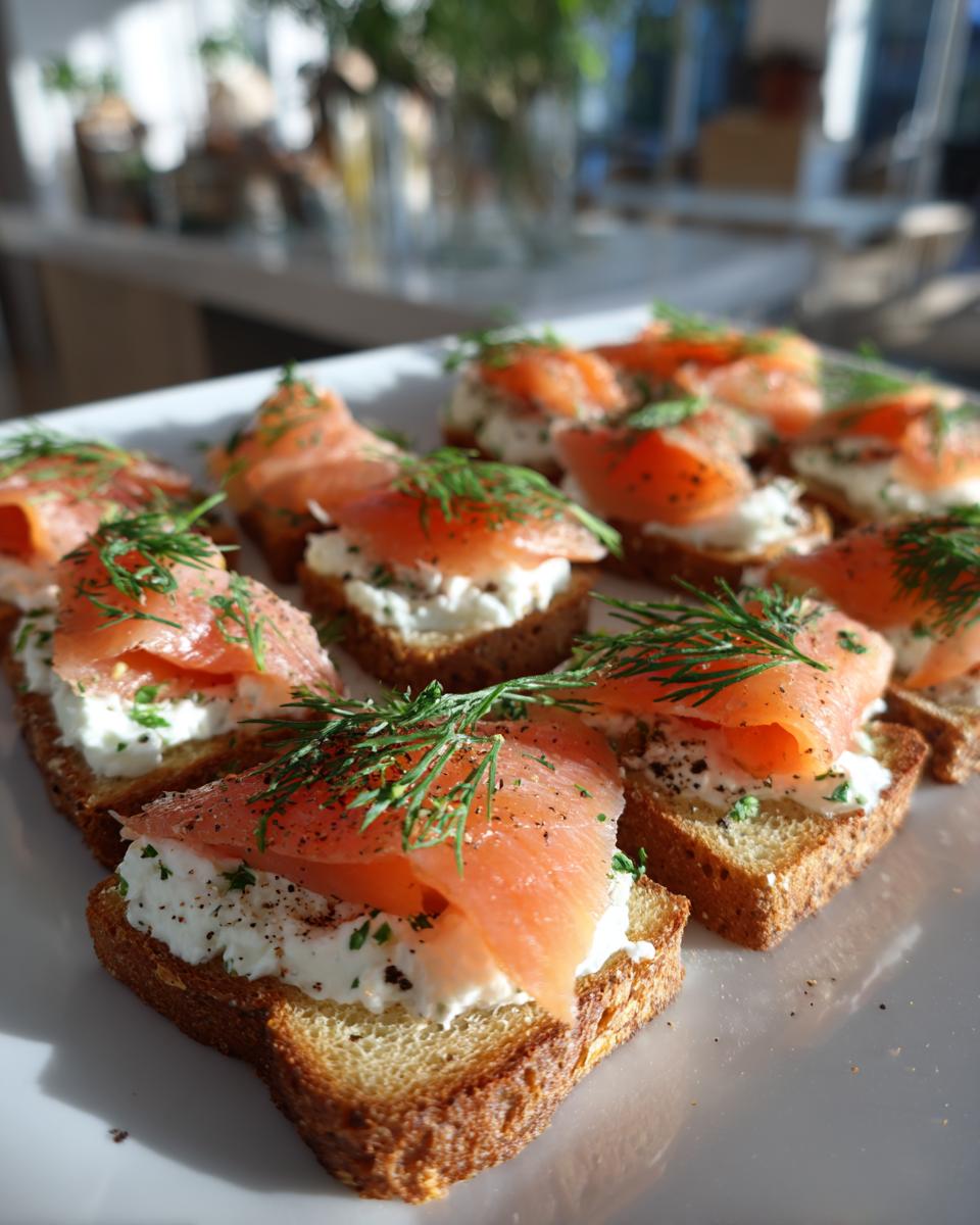 Tostadas con queso crema, salmón ahumado y eneldo, aperitivos de navidad fáciles.