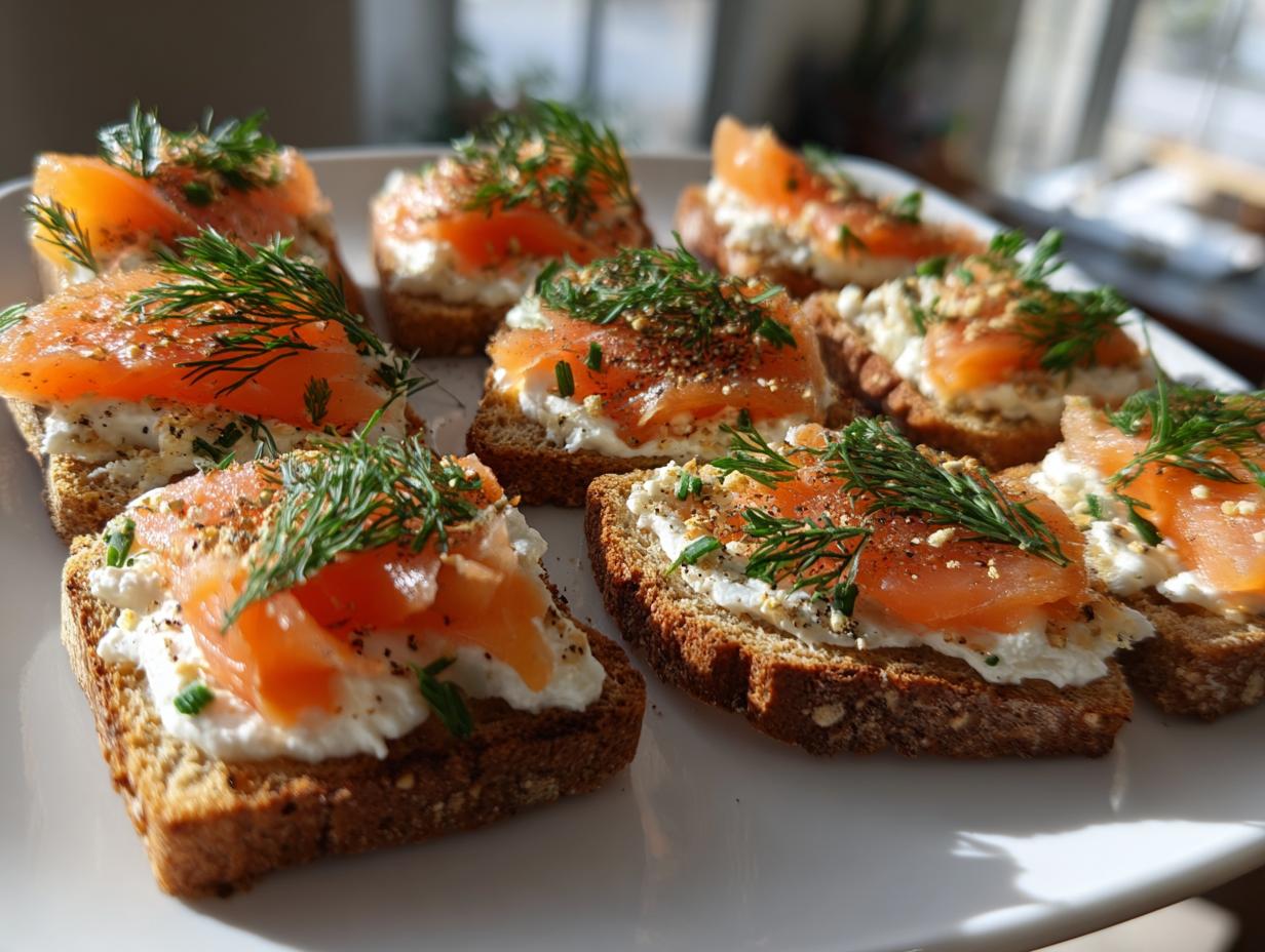 Tostadas con queso crema, salmón ahumado y eneldo fresco en plato blanco, aperitivos de navidad fáciles