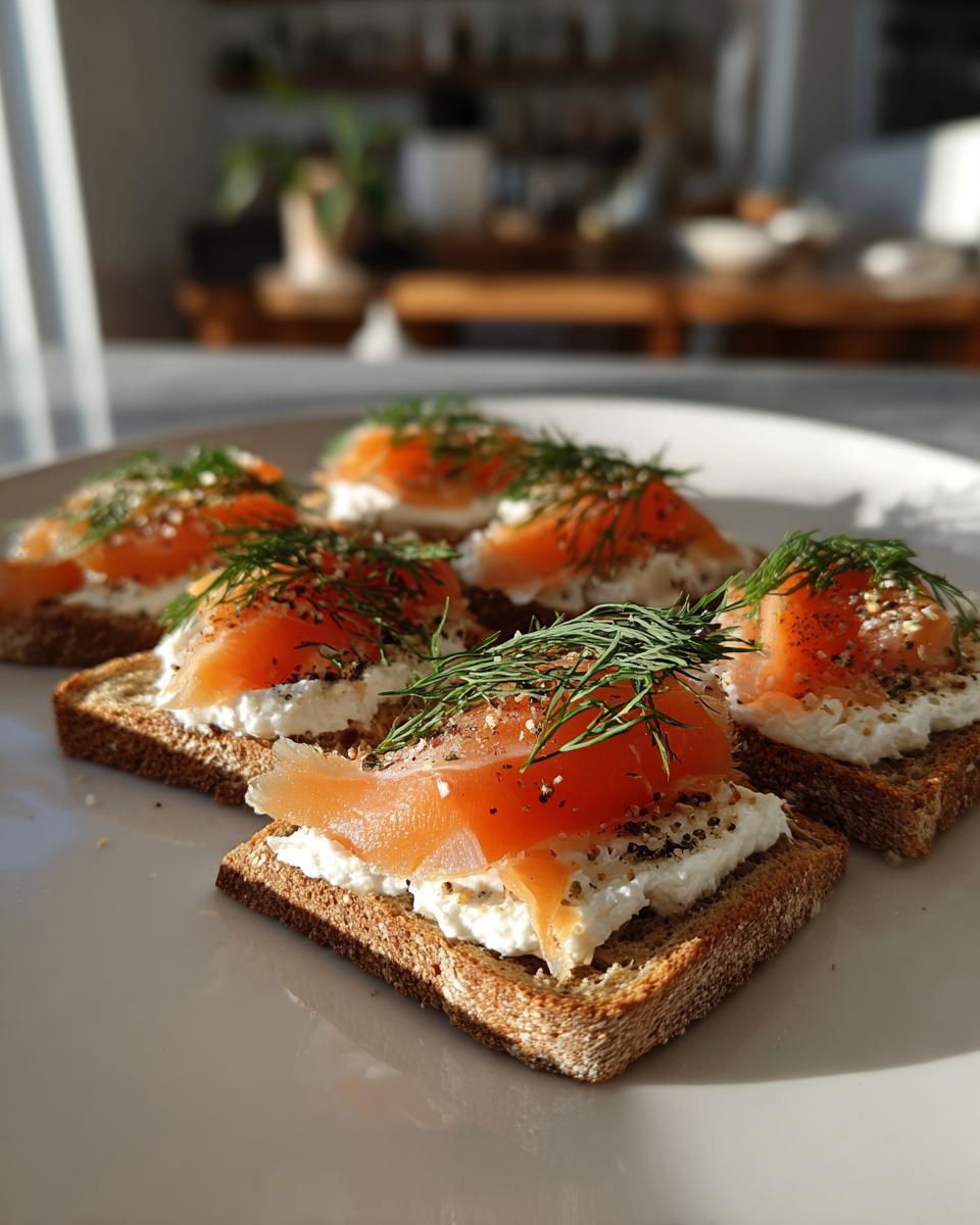 Tostas con aperitivos de navidad fáciles de salmón ahumado, queso crema y eneldo fresco