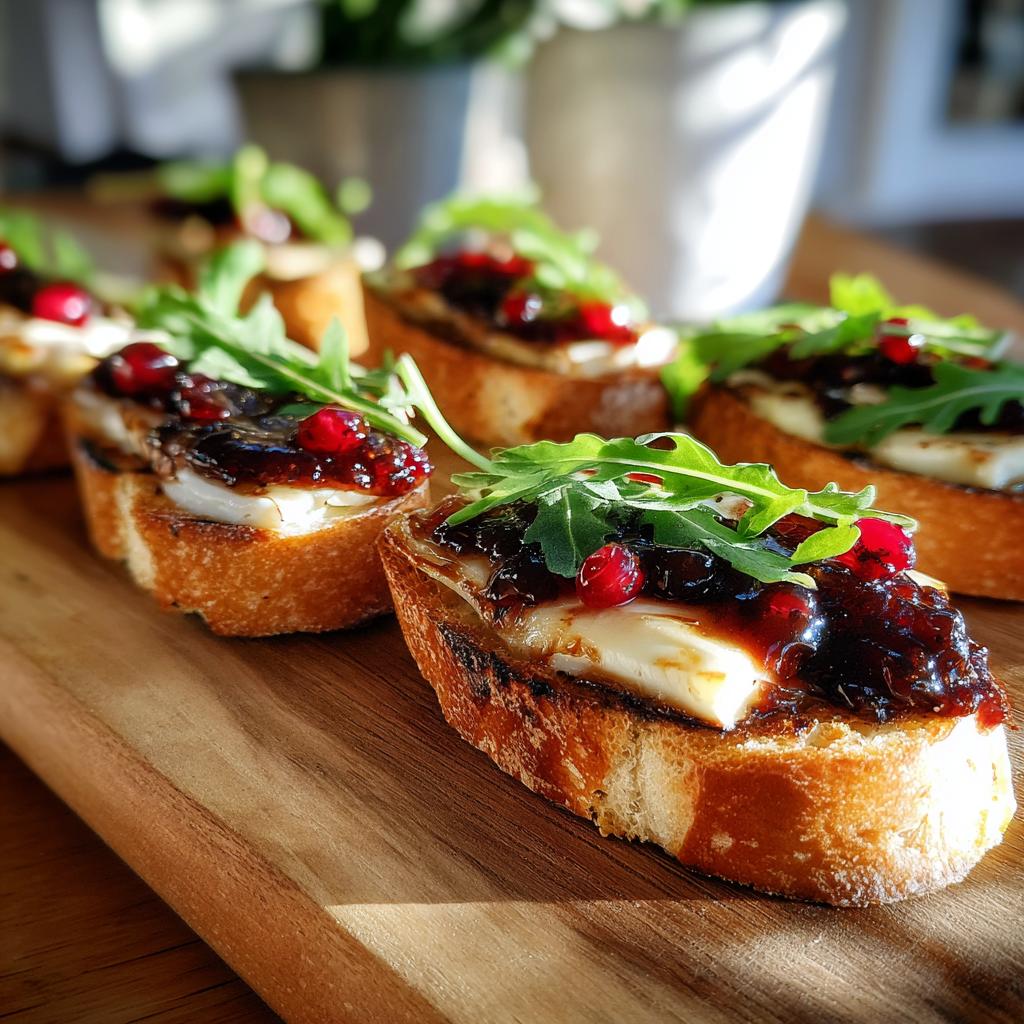 Tostas con queso, mermelada de arándanos y rúcula en tabla de madera, recetas de aperitivos románticos