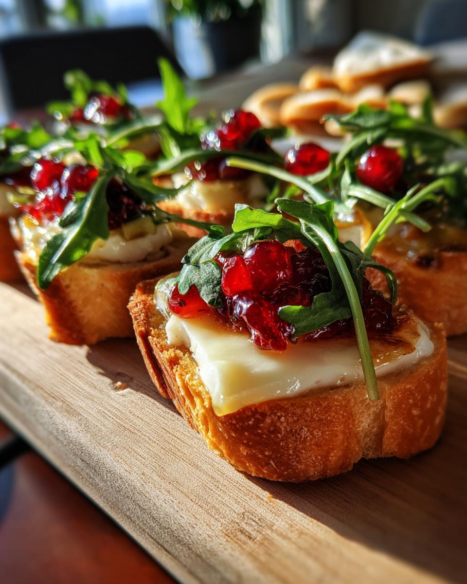 Tostas con queso, mermelada roja y rúcula, aperitivos románticos en tabla de madera.
