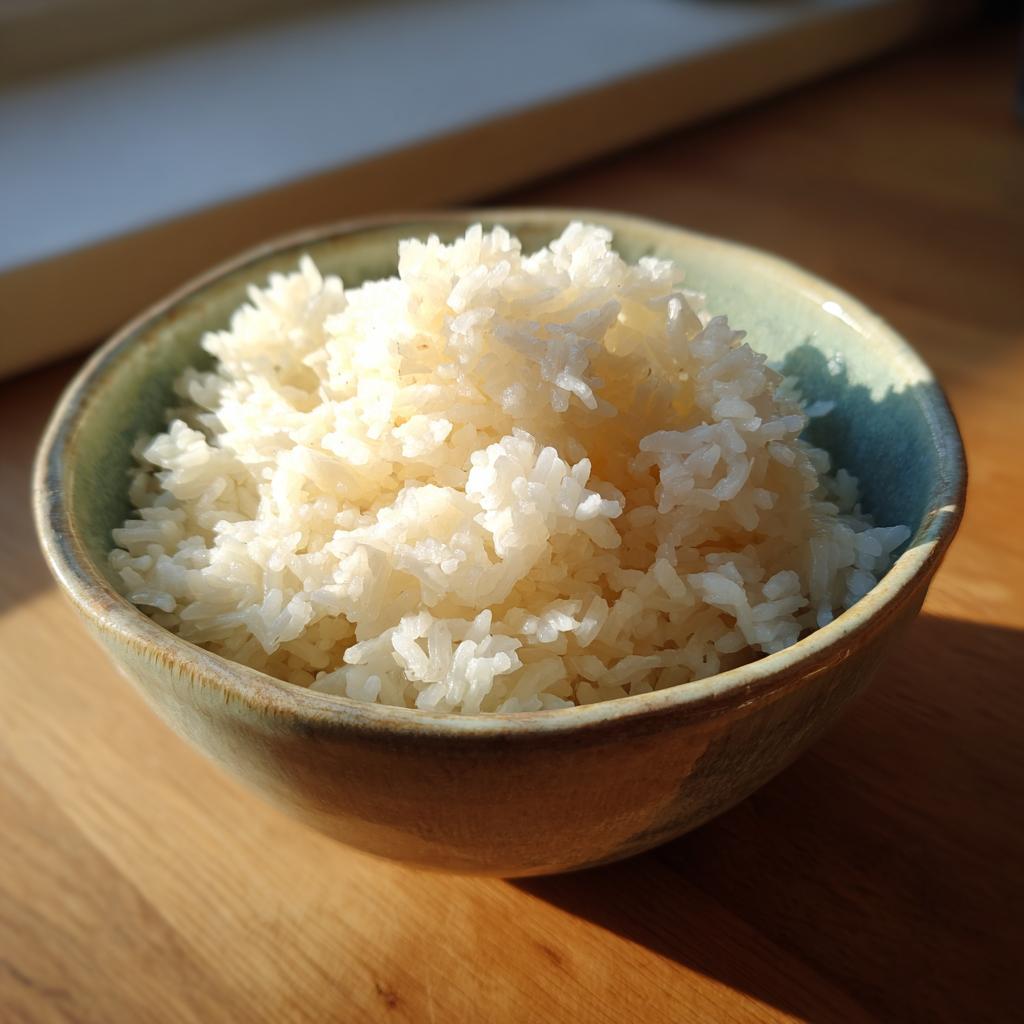 Tazón de cerámica con arroz blanco cocido al vapor sobre mesa de madera.