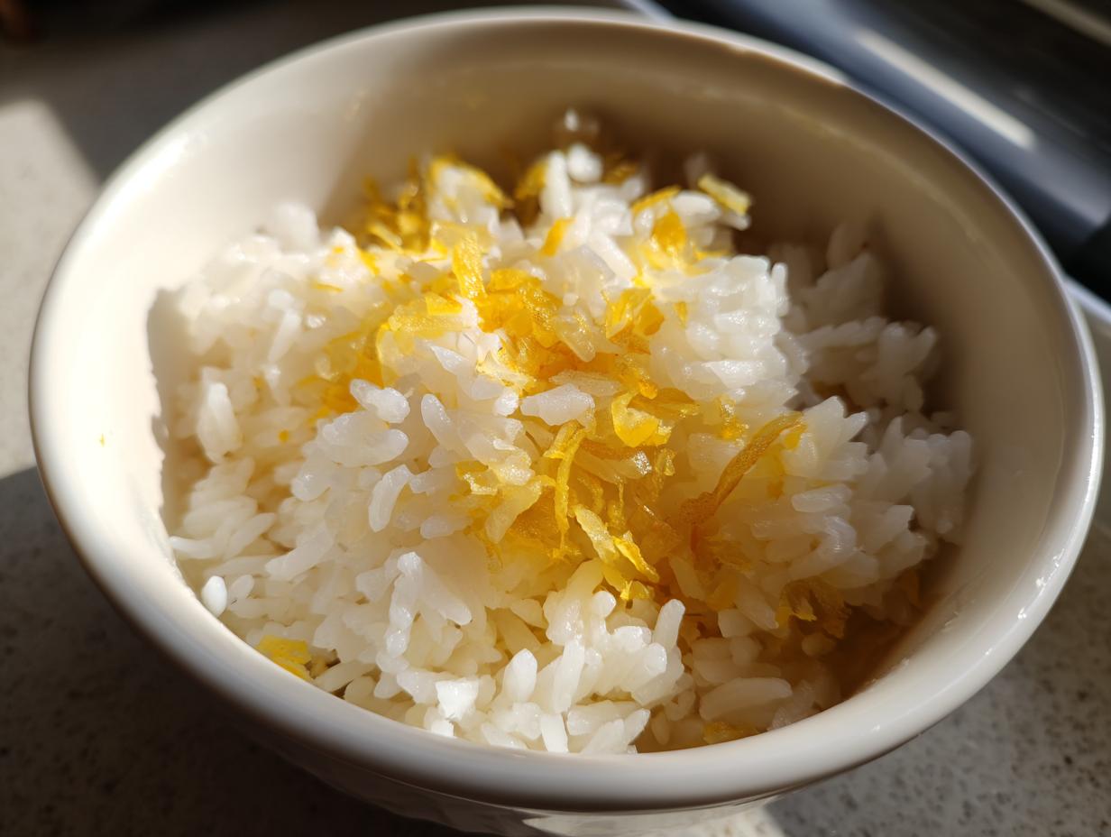 Tazón con arroz blanco y trozos dorados encima, plato sencillo y económico