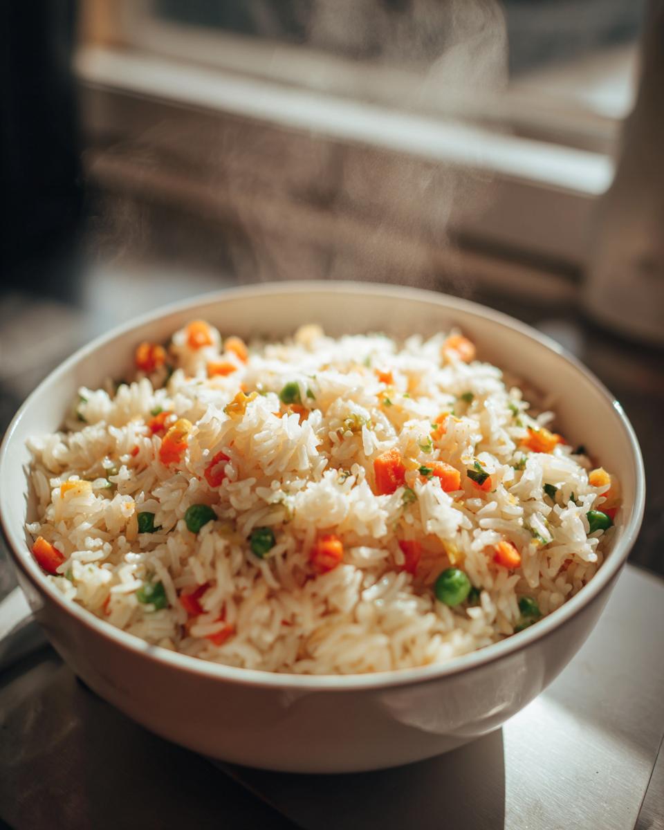 Arroz blanco cocido con zanahorias y guisantes en un tazón blanco, recetas de arroz de invierno