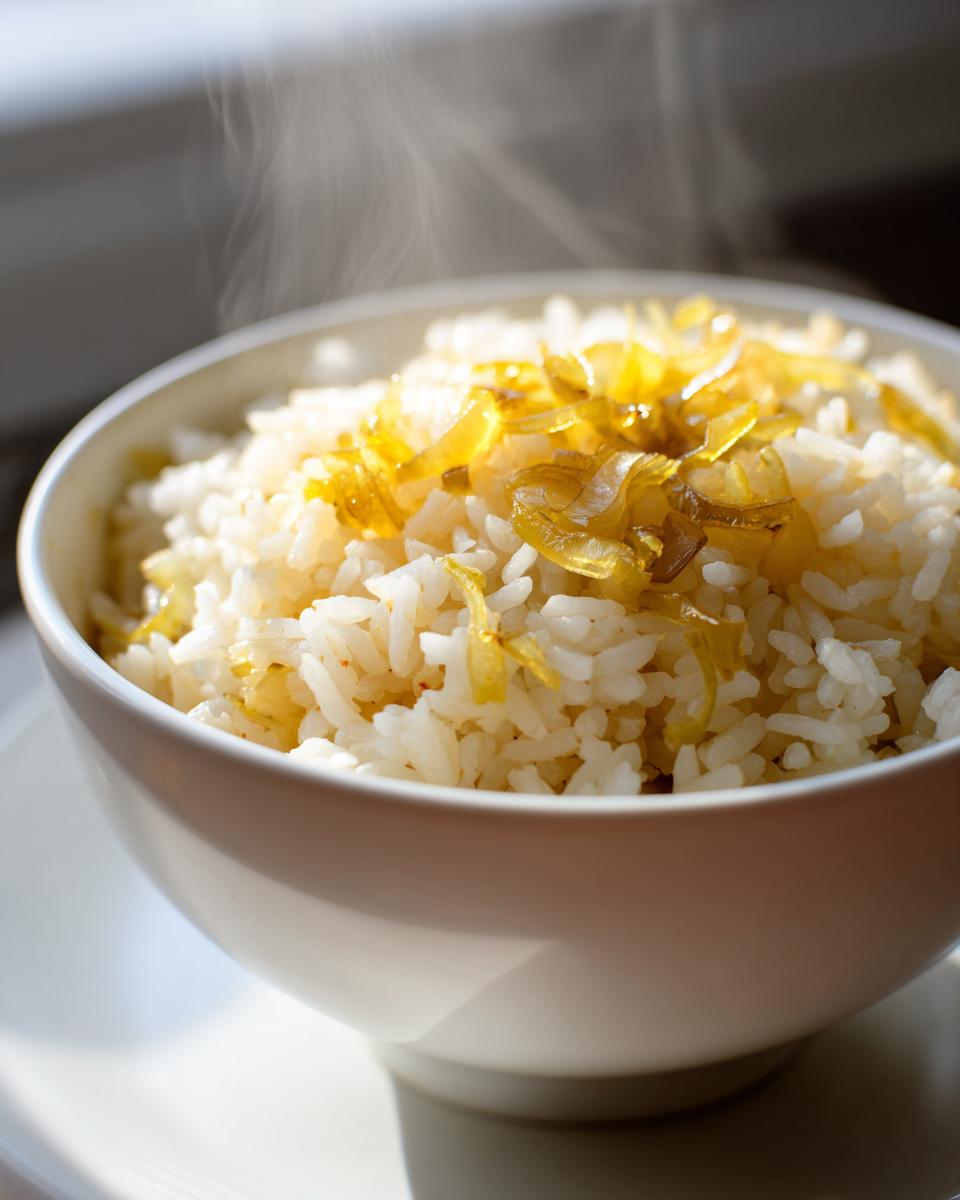 Tazón con arroz blanco caliente y cebolla caramelizada encima, un plato de recetas económicas para la semana.