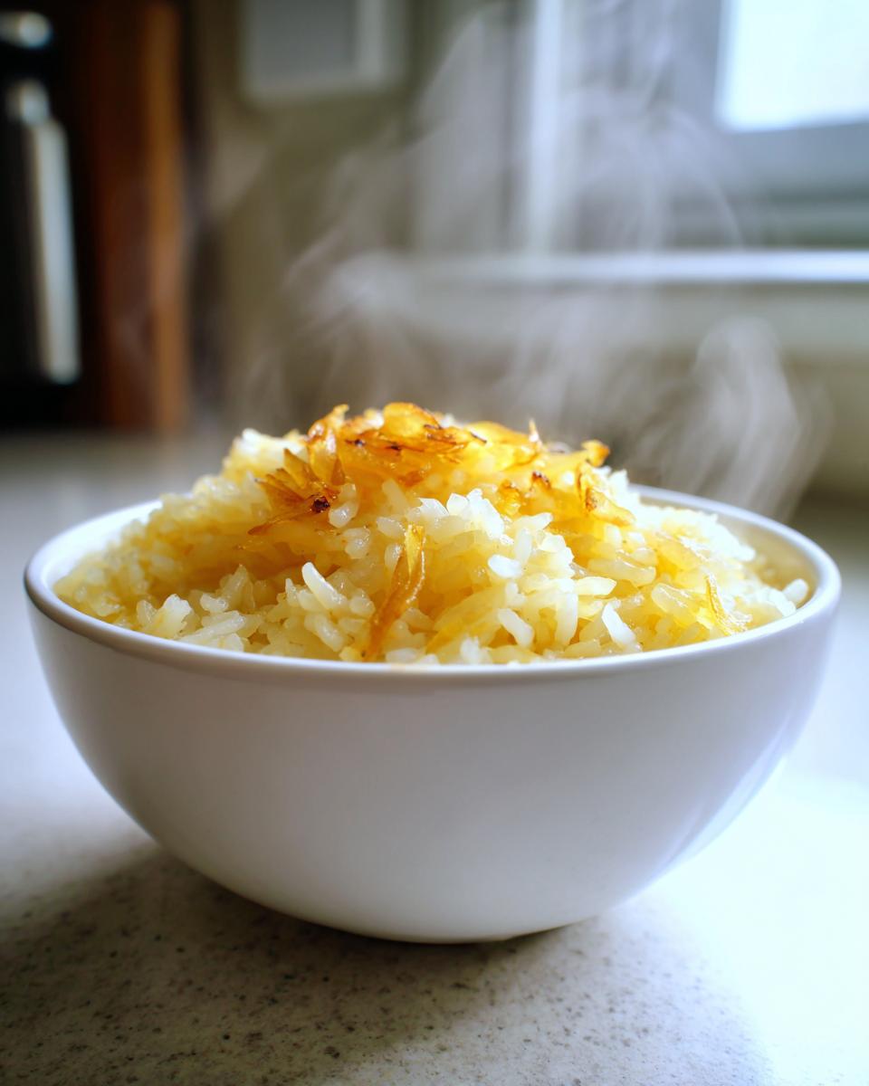 Tazón de arroz blanco con cebolla dorada recién hecho y humeante