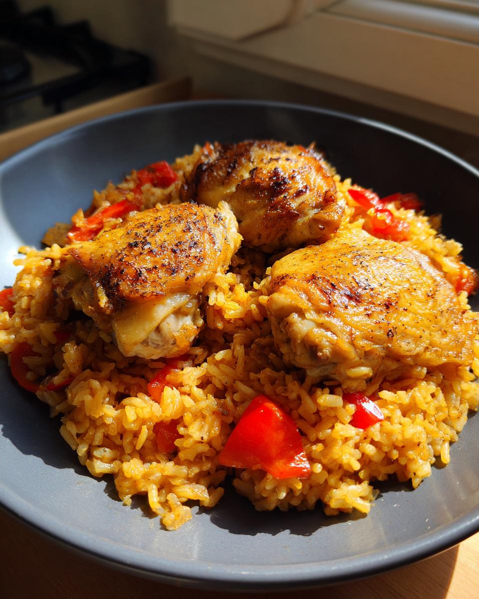 Arroz con pollo fácil con trozos de pollo dorado y pimientos en plato gris
