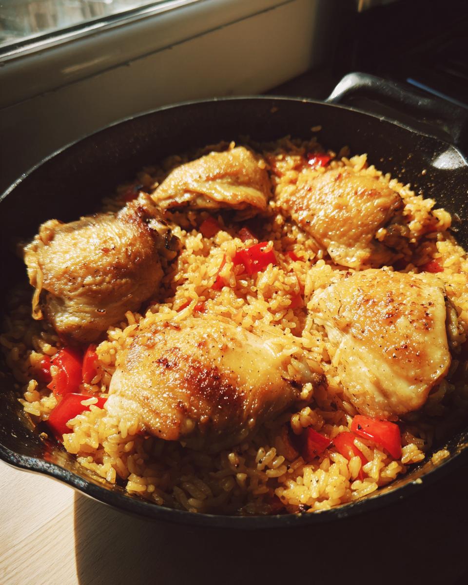 Sartén con arroz con pollo fácil con piezas doradas y pimiento rojo