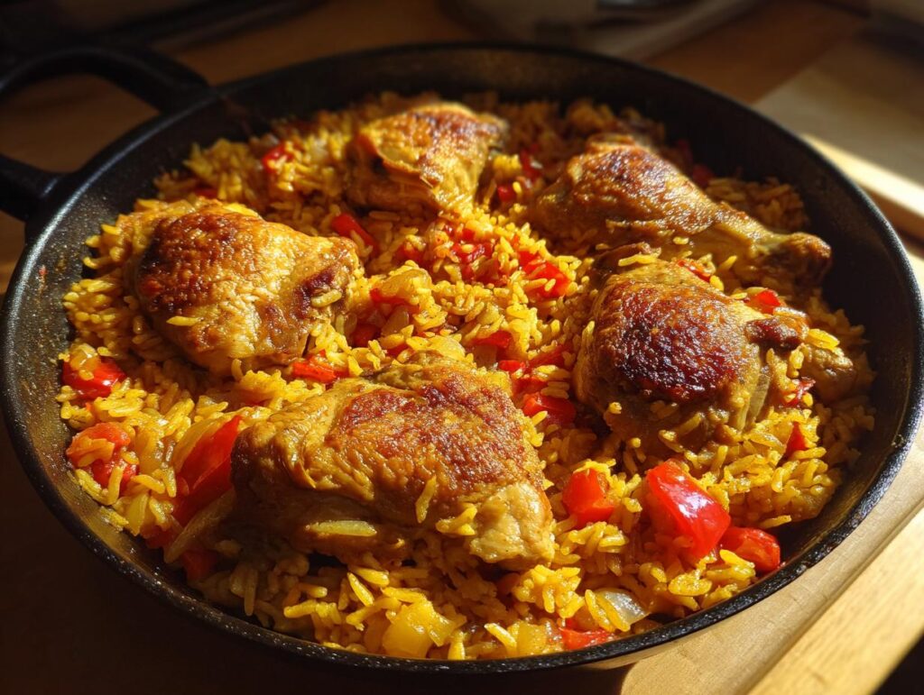 Sartén con arroz con pollo fácil con piezas doradas de pollo y pimientos rojos