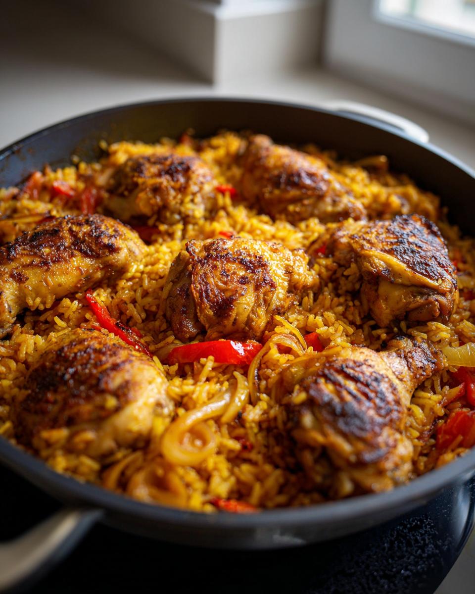 Sartén con arroz con pollo fácil dorado, arroz amarillo y vegetales como pimientos y cebolla.