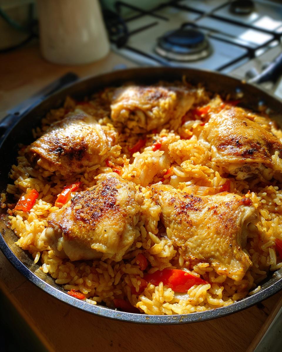 Sartén con arroz con pollo fácil, con piezas doradas de pollo y verduras.