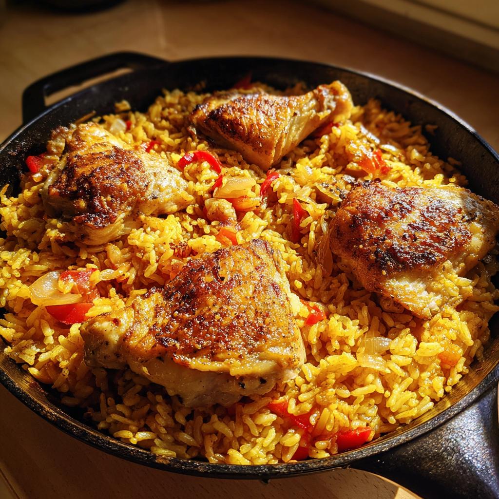 Sartén con arroz con pollo fácil, con pollo dorado y arroz amarillo con pimientos y cebolla.