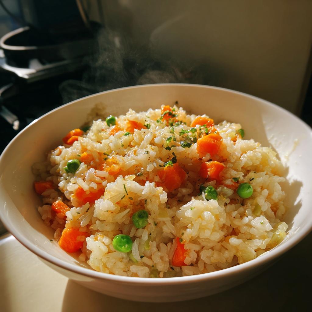 Plato blanco con arroz de invierno cocido con zanahorias y guisantes