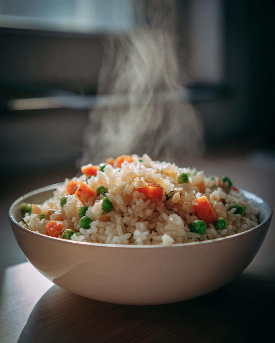 Bol de arroz con verduras humeante, apto para recetas de arroz de invierno.