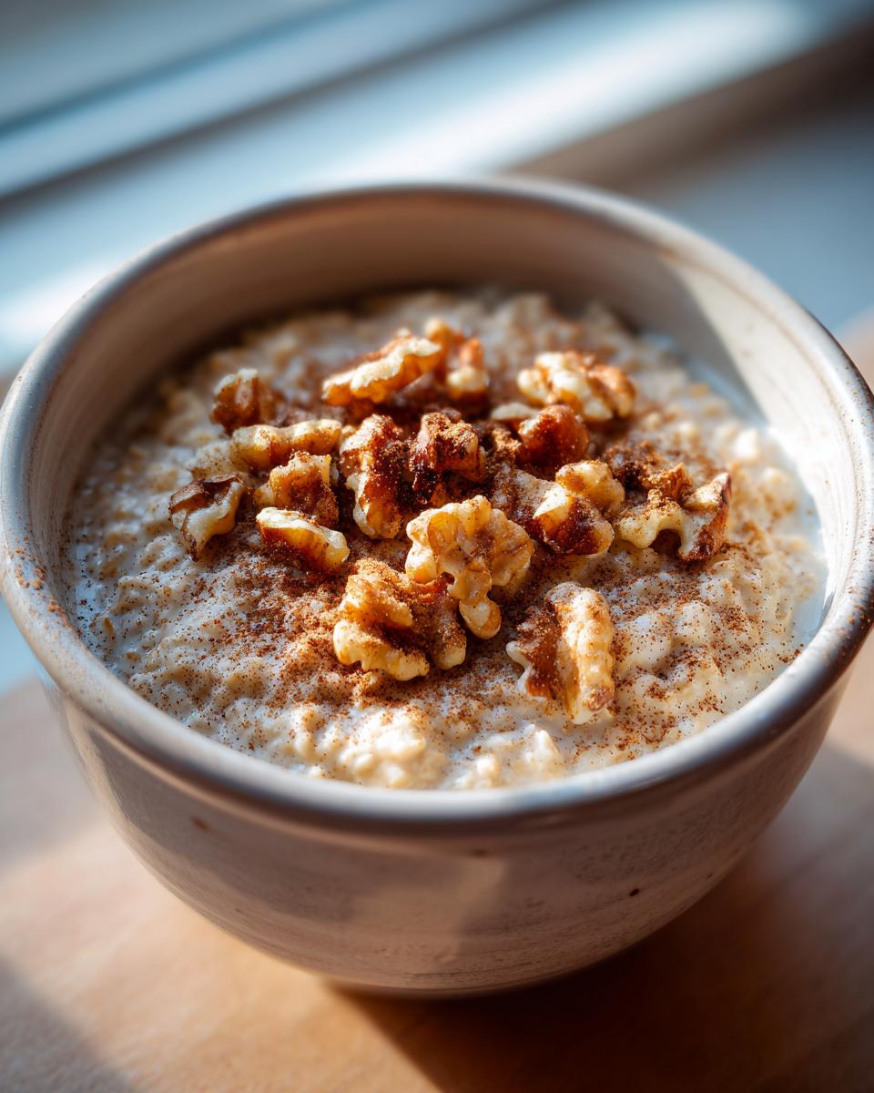 Tazón de avena caliente con nueces y canela, ideal para desayunos de invierno reconfortantes.
