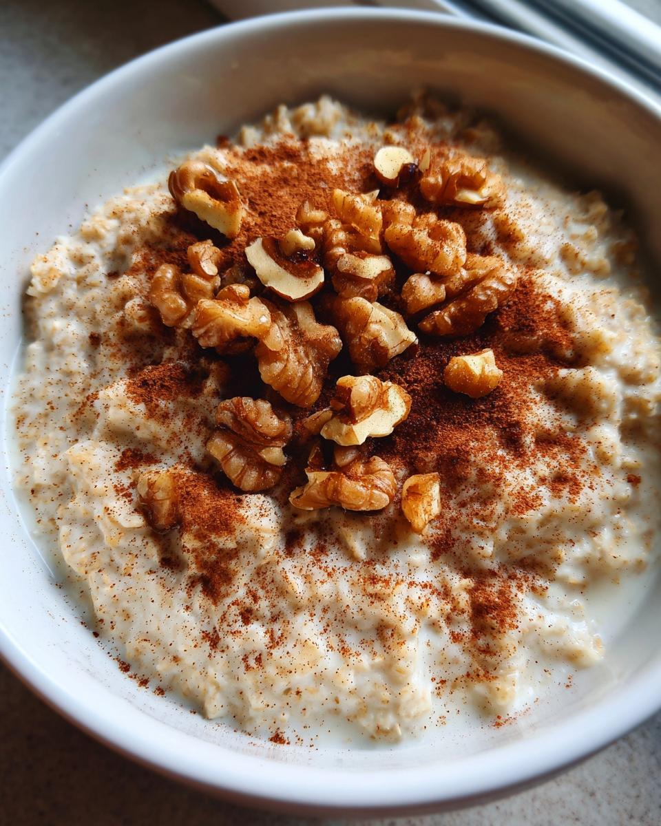 Tazón de avena con nueces y canela, un desayuno de invierno reconfortante y nutritivo.