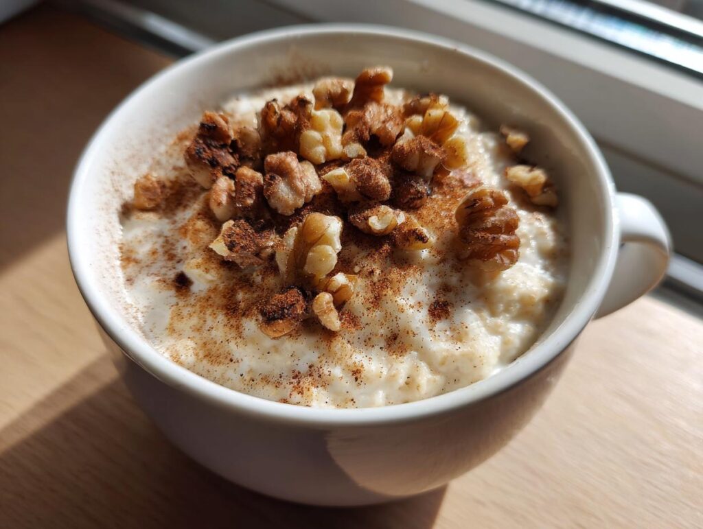 Taza con avena cremosa, nueces y canela, ideal para desayunos de invierno reconfortantes