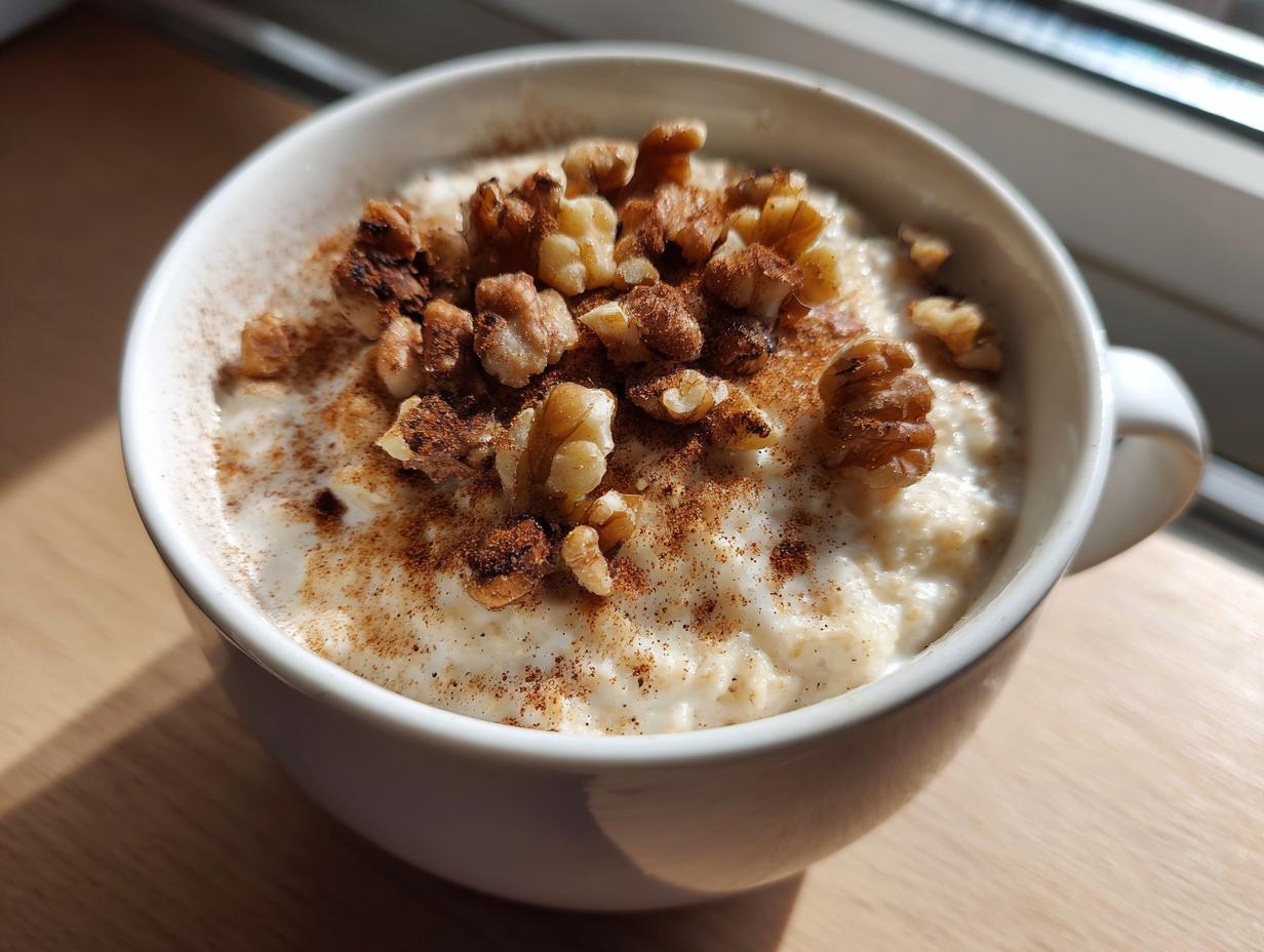 Taza con avena cremosa, nueces y canela, ideal para desayunos de invierno reconfortantes