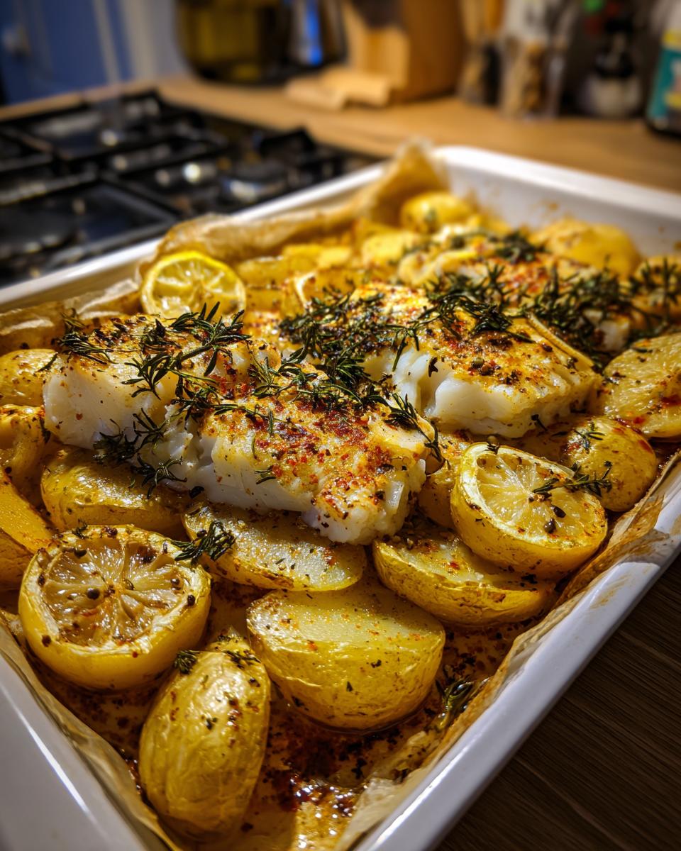 Filetes de bacalao al horno con papas, rodajas de limón y hierbas frescas.