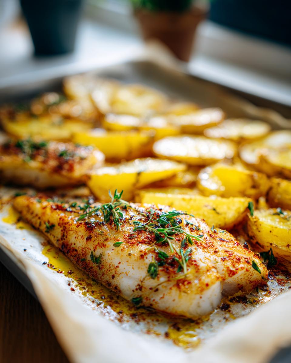 Bacalao al horno con especias, hierbas frescas y patatas asadas doradas en bandeja.