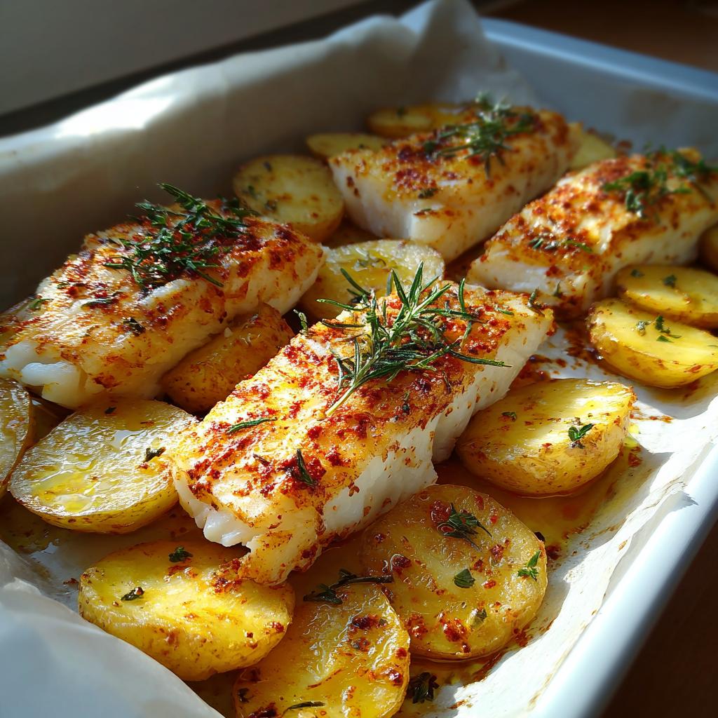 Piezas de bacalao al horno con patatas en rodajas, especias y hierbas frescas, recetas con bacalao fáciles