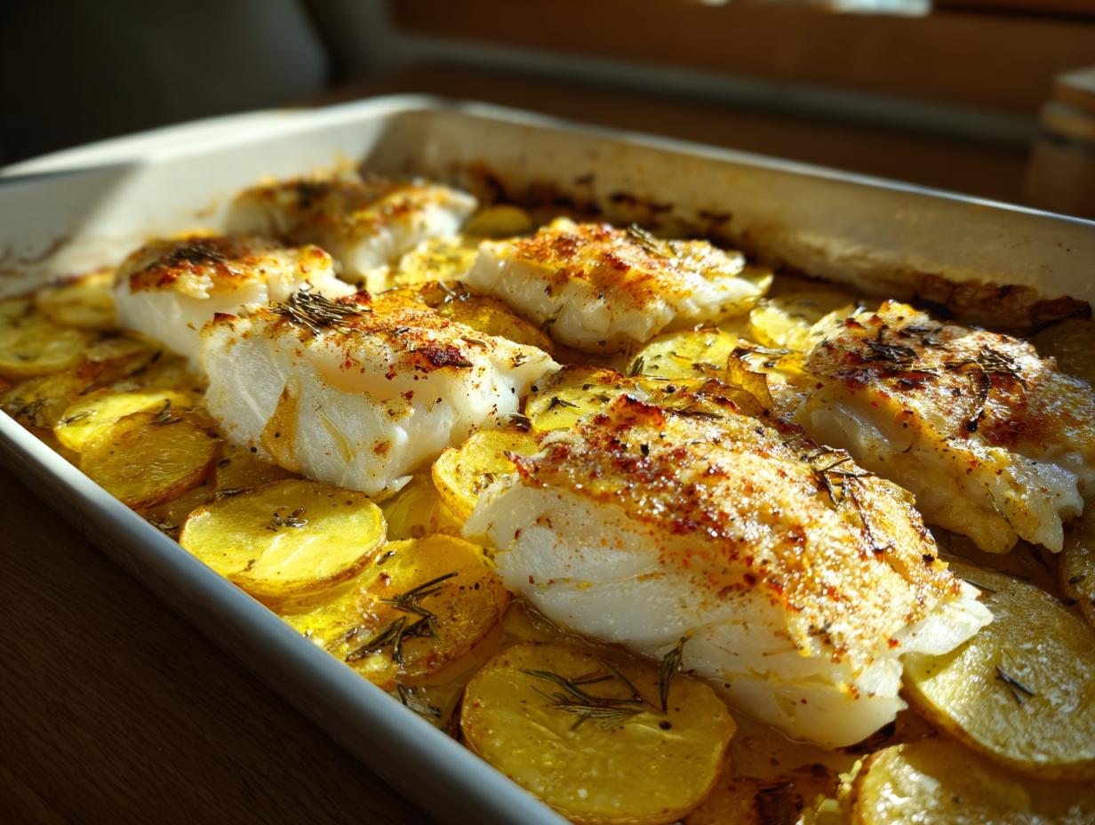 Trozo de bacalao al horno sobre cama de patatas con especias y hierbas frescas