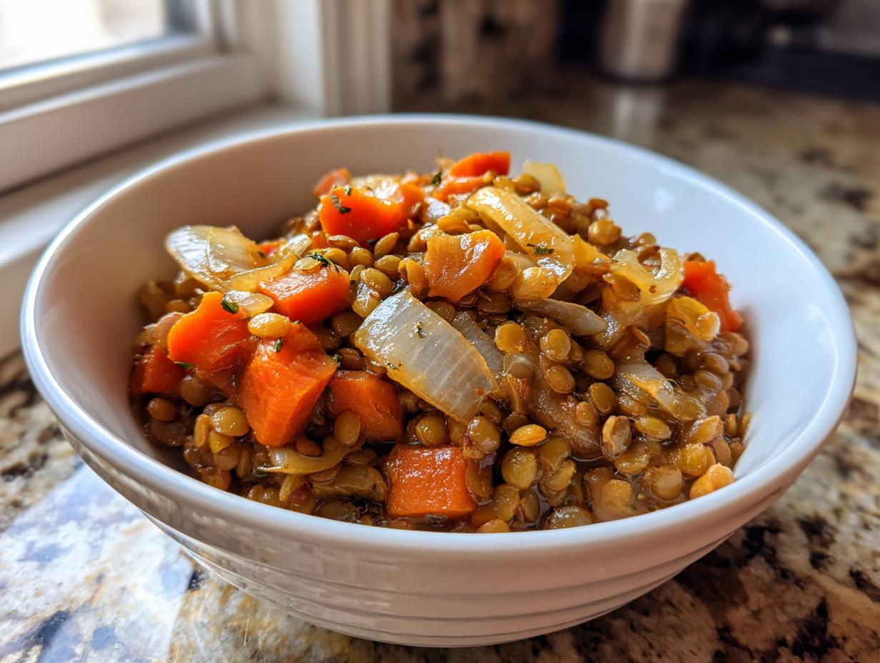 Bol blanco con lentejas guisadas, zanahorias y cebolla lista para batch cooking invierno recetas