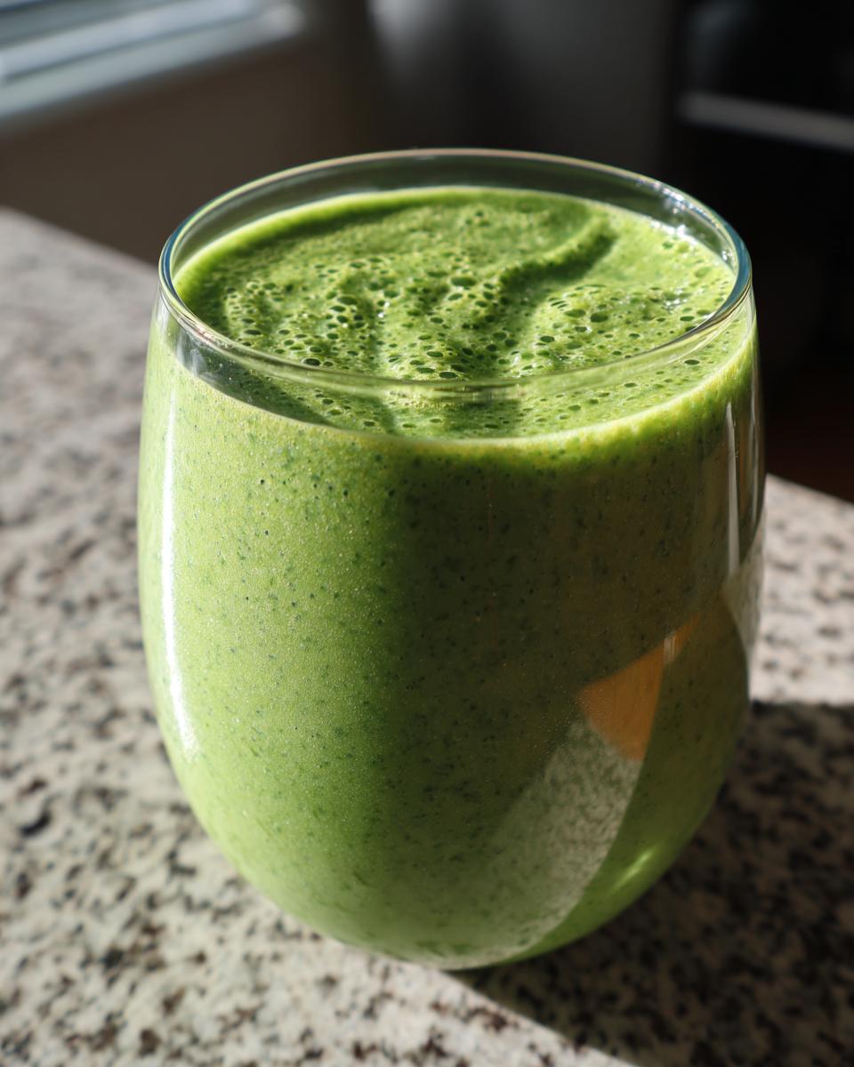 Batido saludable para el desayuno verde servido en un vaso transparente sobre superficie clara