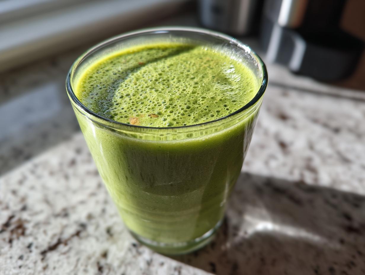 Vaso con batido saludable para el desayuno de color verde sobre mesa de mármol