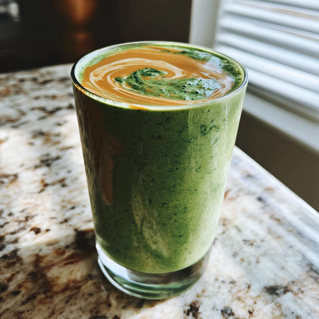 Vaso con batido saludable para el desayuno verde y crema de mantequilla de maní encima