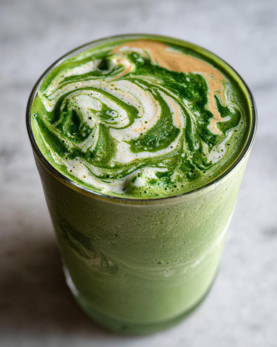 Vaso con batido verde cremoso y espuma con remolinos verdes y beige.