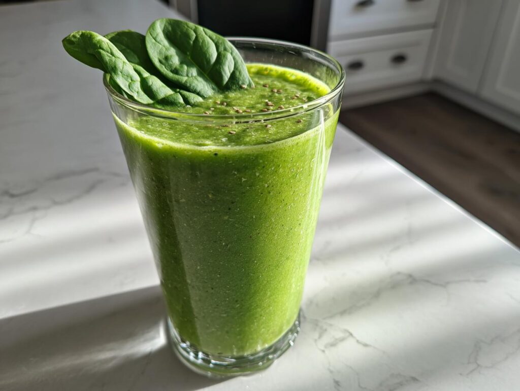 Vaso con batido verde y hojas de espinaca como receta detox después de fiestas