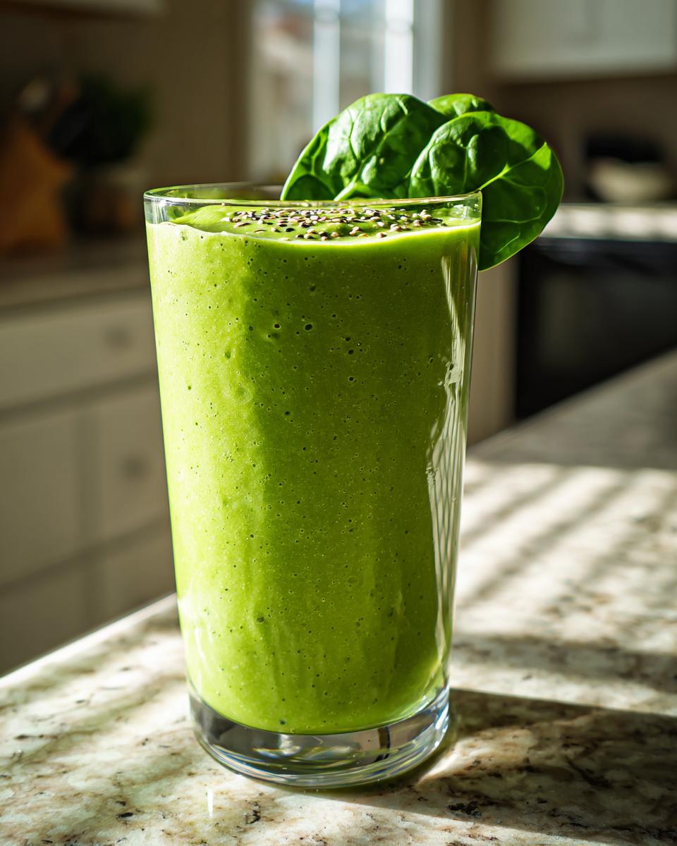Vaso con batido verde espeso decorado con hojas de espinaca y semillas, receta detox después de fiestas.